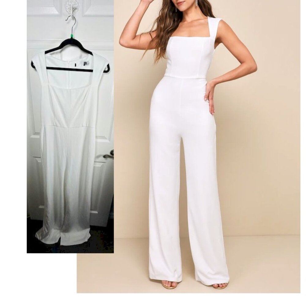 Lulu's White Square Neck Wide-Leg never worn Jumpsuit